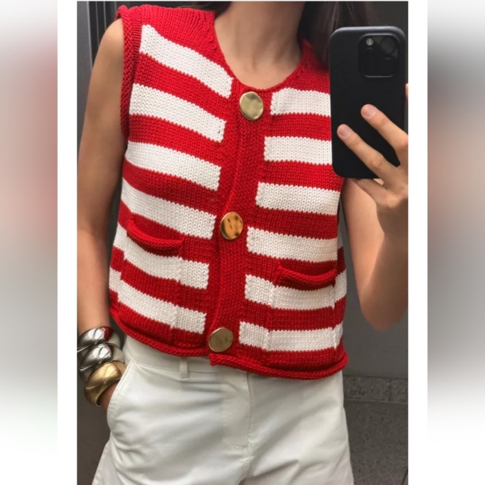 Zara Red and White Striped Knit Vest with Gold Buttons Sz-M